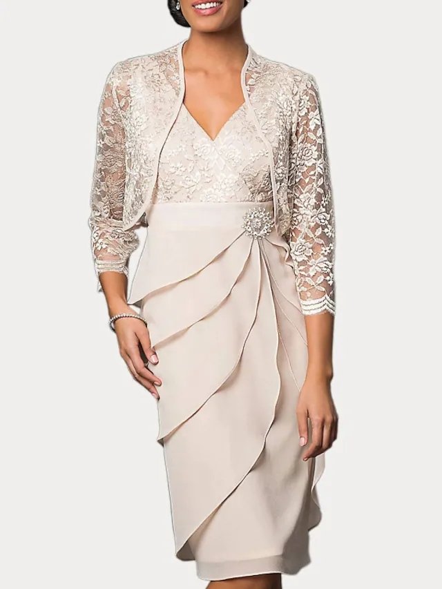 Two Piece Sheath / Column Mother of the Bride Dress Elegant V Neck Knee Length Chiffon Lace 3/4 Length Sleeve with Embroidery Cascading Ruffles