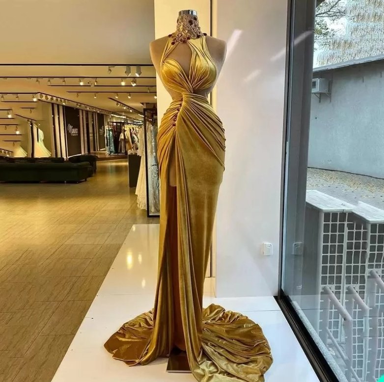 Gold Evening Dresses Sheath High Collar Velvet Beaded Slit Long Turkey Dubai Saudi Arabic Evening Gown Prom Dresses