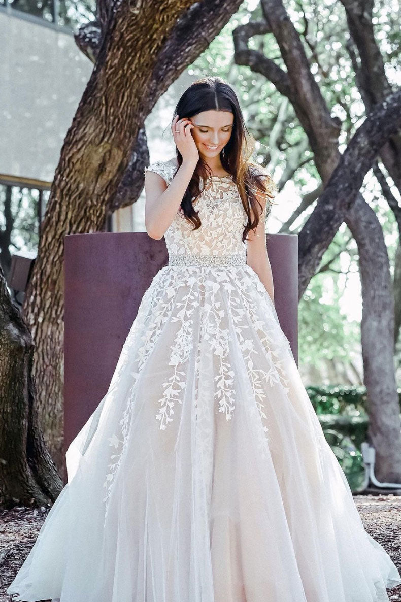 Champagne tulle lace long prom dress champagne evening dress