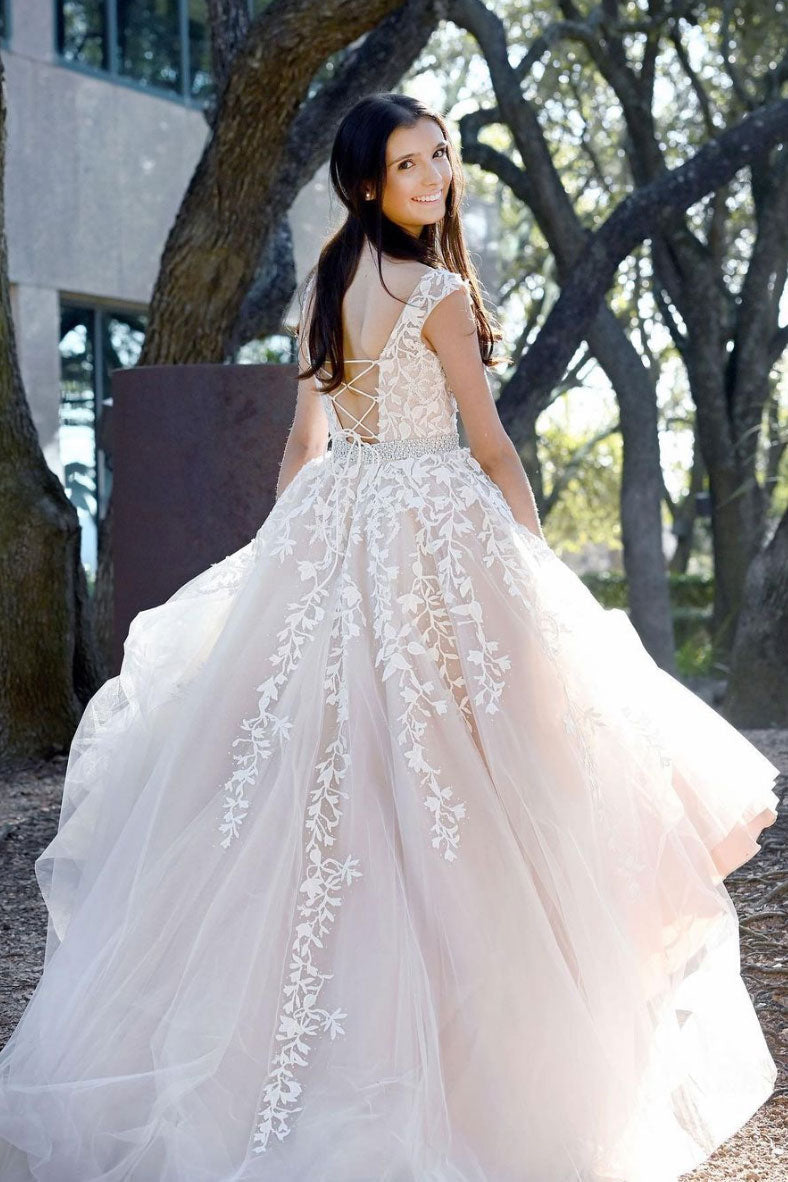 Champagne tulle lace long prom dress champagne evening dress