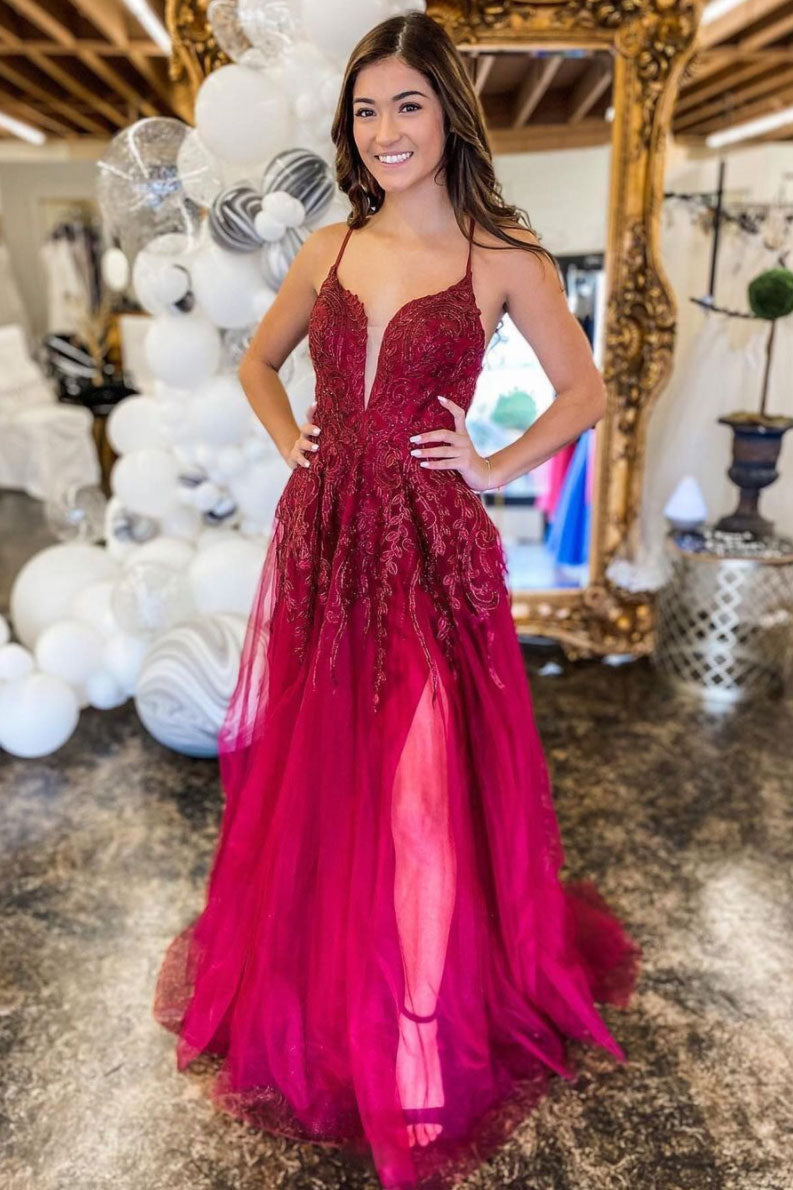 Burgundy v neck tulle lace long prom dress burgundy evening dress