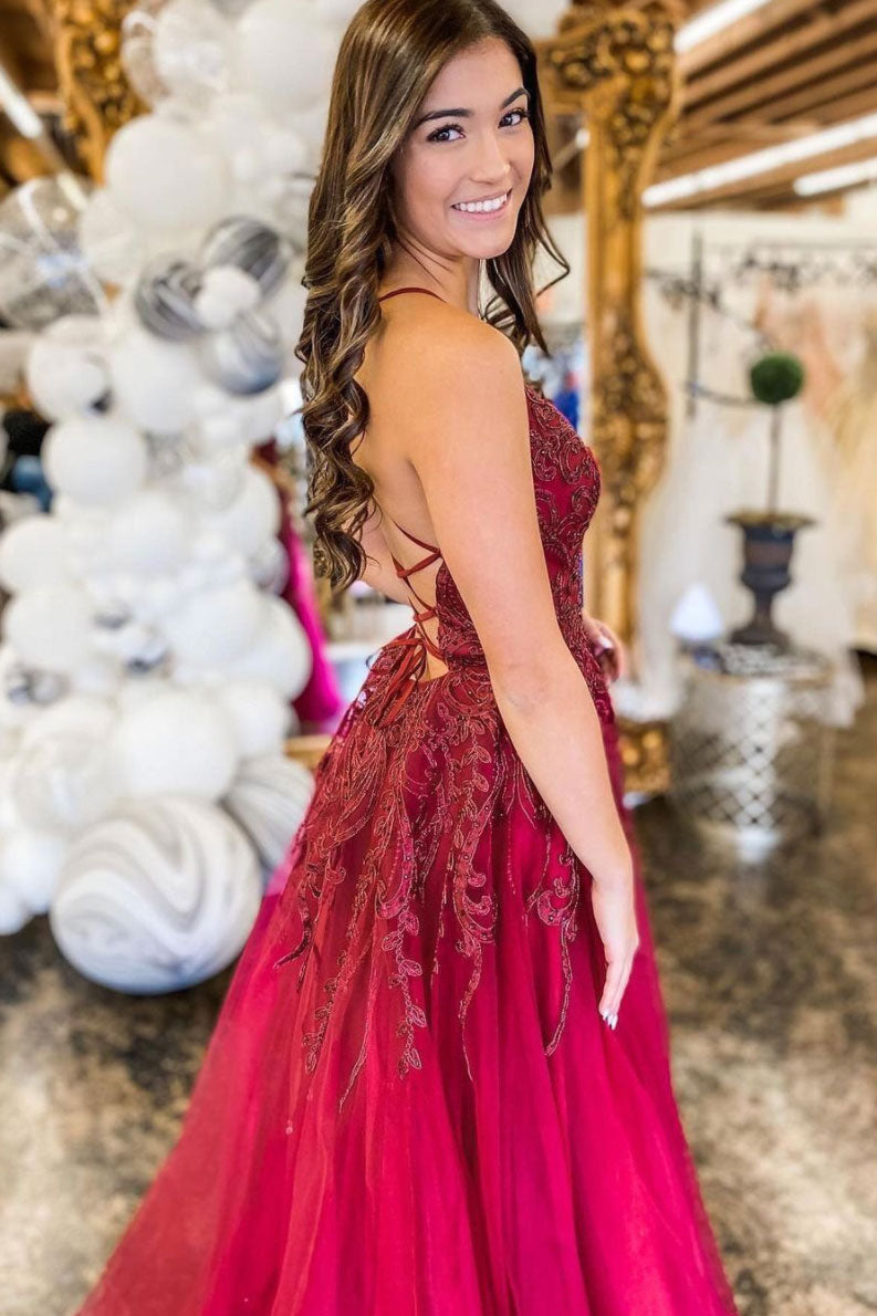 Burgundy v neck tulle lace long prom dress burgundy evening dress