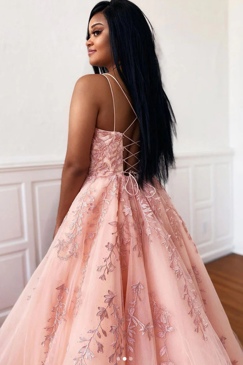 Pink tulle lace long prom dress pink lace formal dress