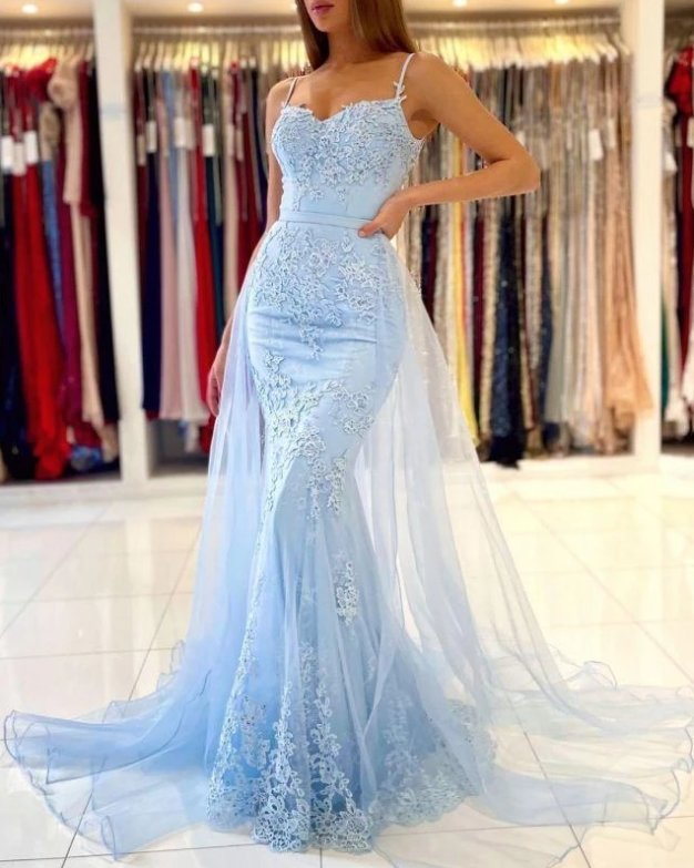 Sky Blue Evening Dresses Mermaid Spaghetti Straps Tulle Applique Long Turkey Dubai Saudi Arabic Evening Gown Prom Dresses