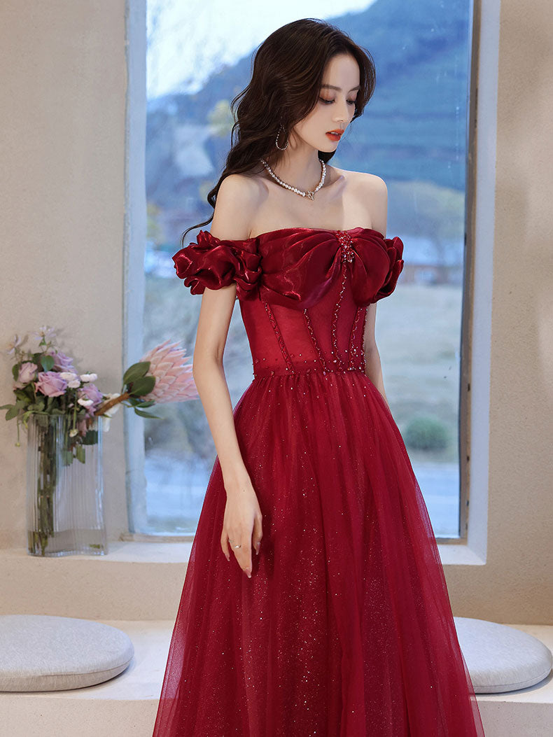 Burgundy off shoulder tulle long prom dress, burgundy evening dress