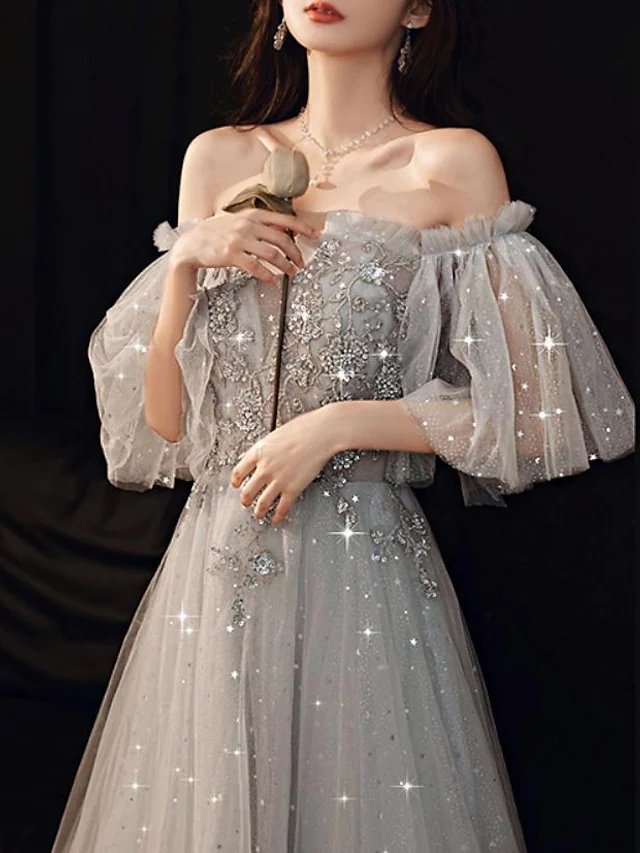 A-Line Glittering Elegant Engagement Formal Evening Dress Off Shoulder Half Sleeve Floor Length Tulle with Pleats Beading Sequin
