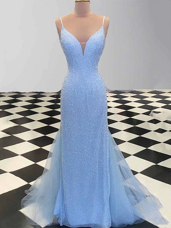Sheath/Column Spaghetti Straps Sleeveless Tulle Sequin Sweep/Brush Train Dresses