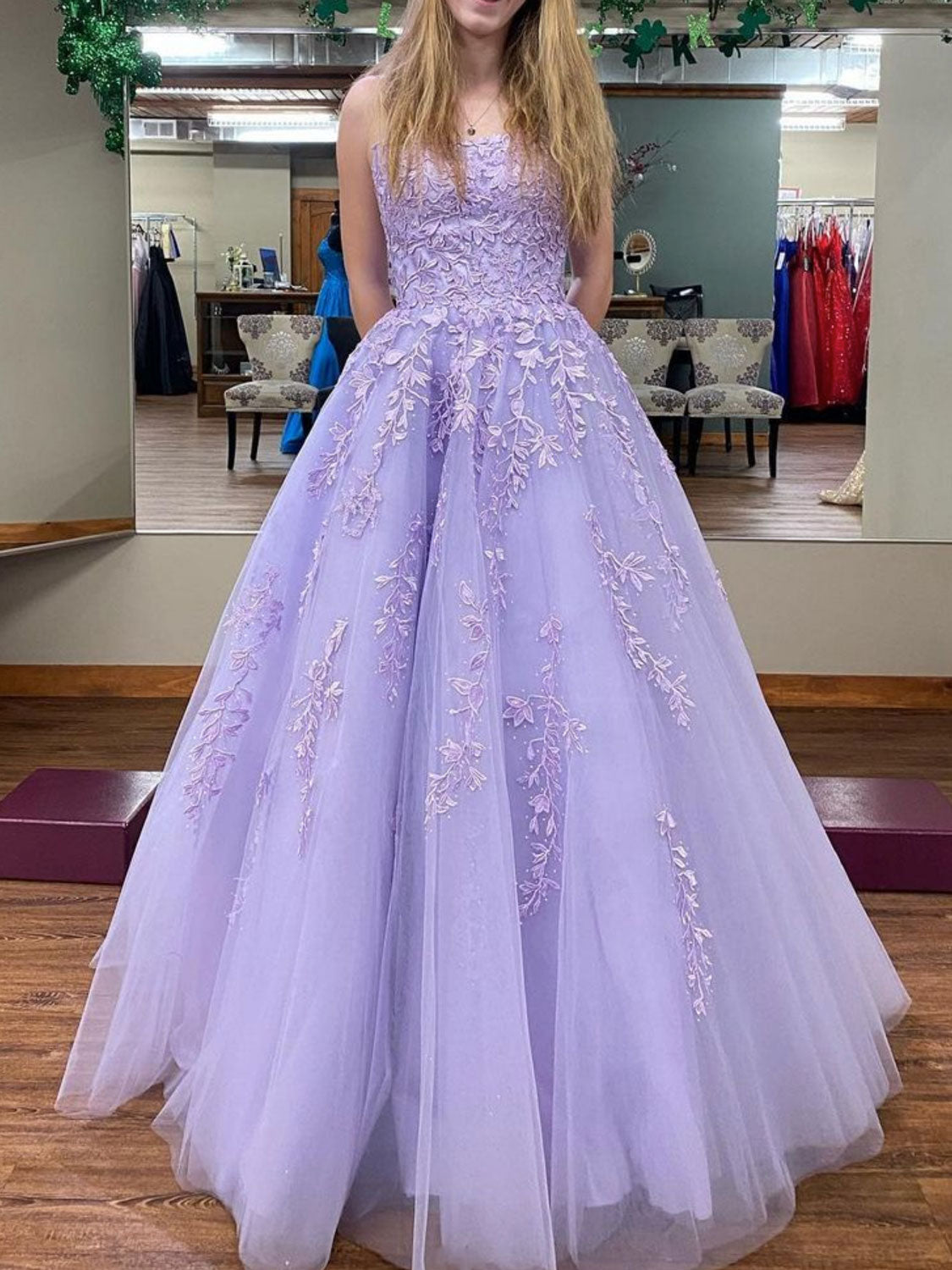 Purple tulle lace long prom dress, purple lace evening dress