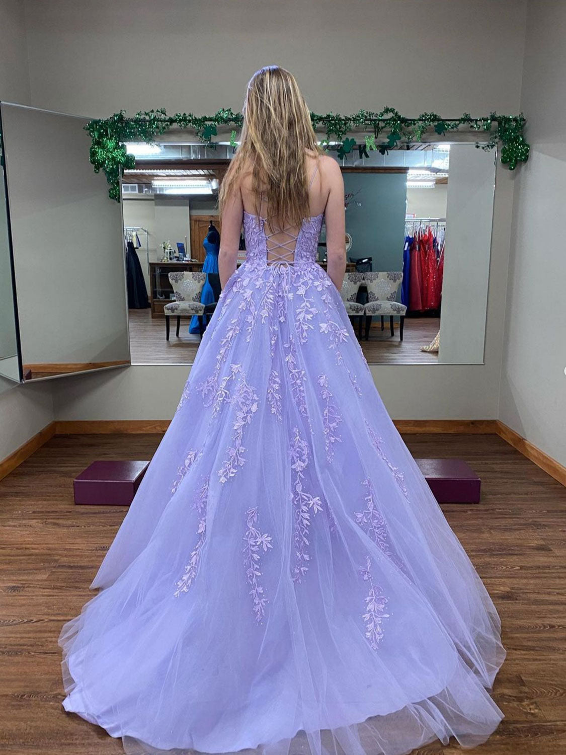 Purple tulle lace long prom dress, purple lace evening dress