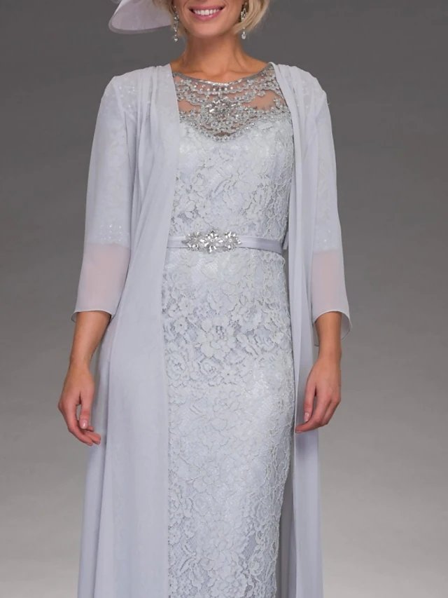 Two Piece Sheath / Column Mother of the Bride Dress Elegant Jewel Neck Floor Length Chiffon 3/4 Length Sleeve with Sash / Ribbon Appliques