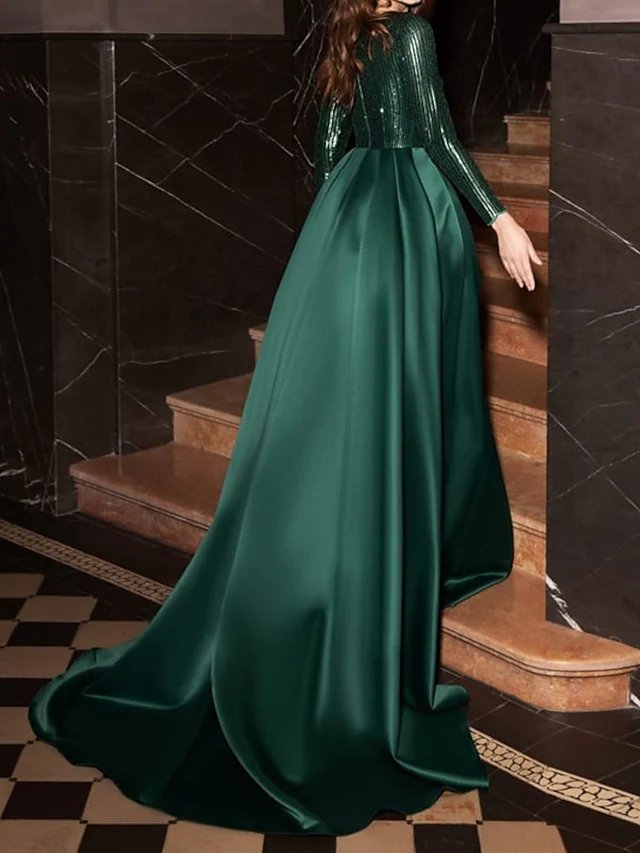A-Line Glittering Elegant Wedding Guest Formal Evening Dress V Neck Long Sleeve Court Train Satin Sequined with Pleats Sequin