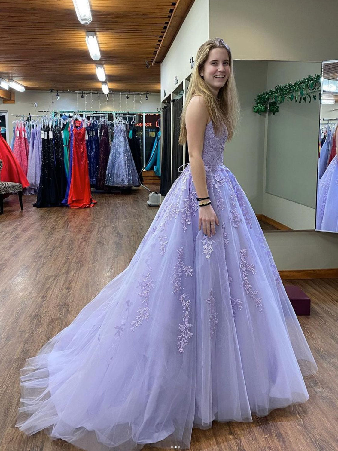 Purple tulle lace long prom dress, purple lace evening dress