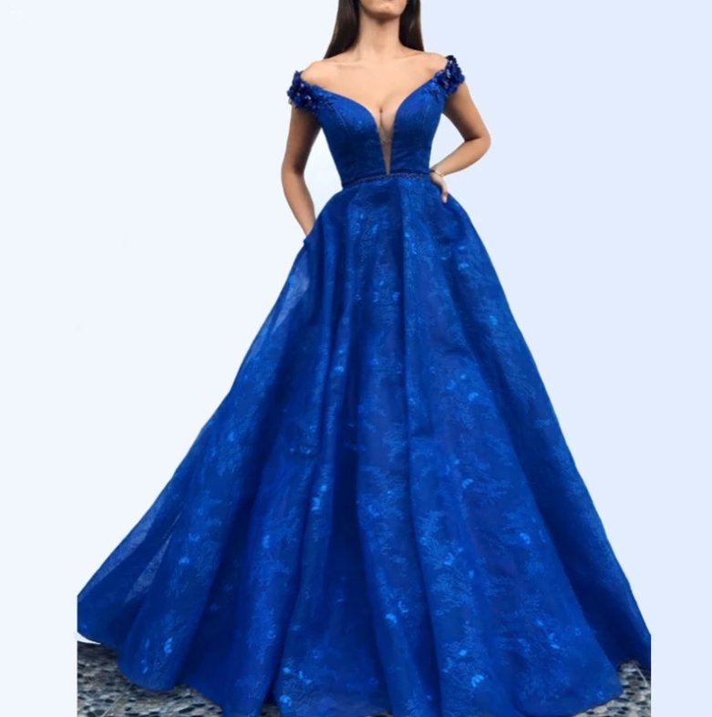 Royal Blue Muslim Evening Dresses A-line V-neck Tulle Lace Beaded Long Islamic Dubai Saudi Arabic Long Formal Evening Gown