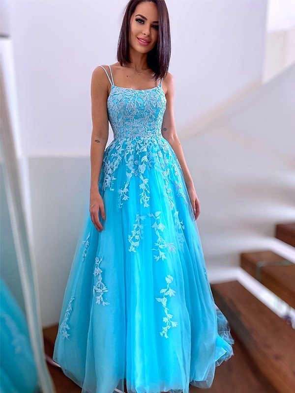 A-Line/Princess Spaghetti Straps Tulle Sleeveless Applique Sweep/Brush Train Dresses