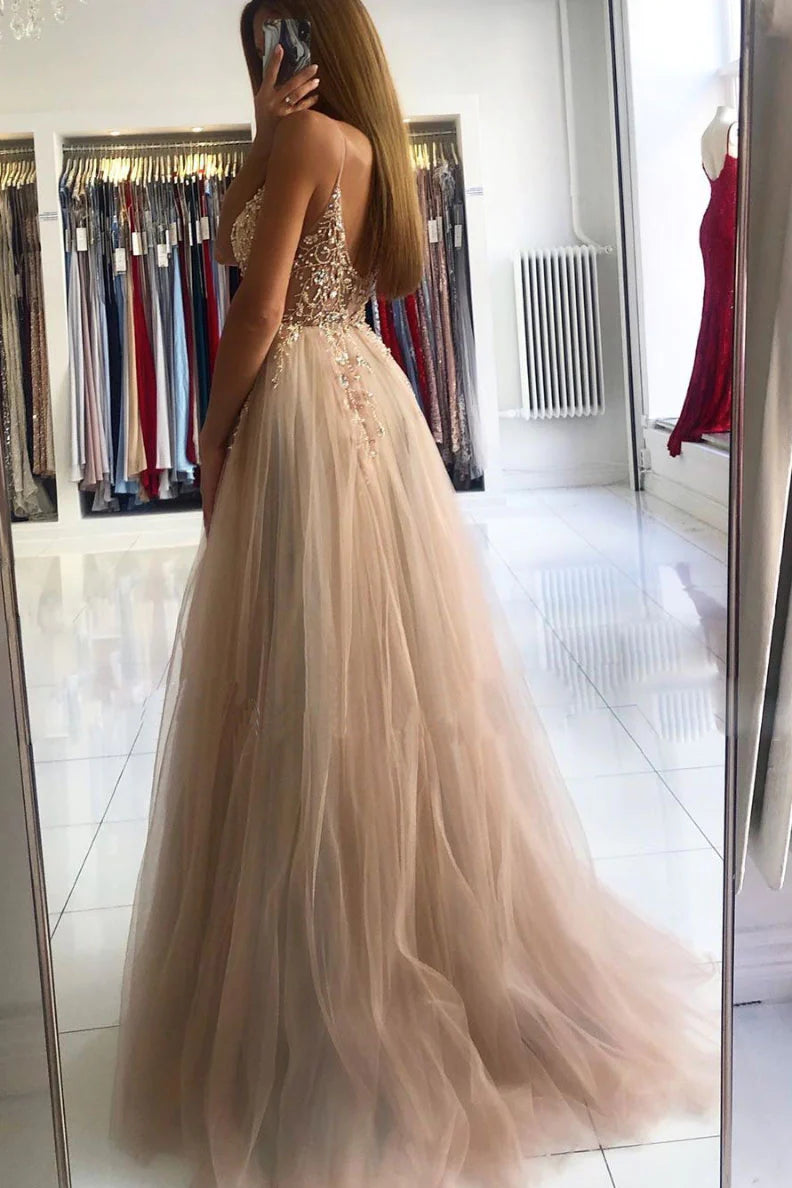 Champagne v neck beads long prom dress champagne evening dress