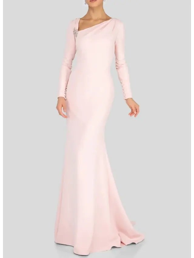 Sheath / Column Mother of the Bride Dress Elegant V Neck Floor Length Polyester Long Sleeve with Beading Ruching