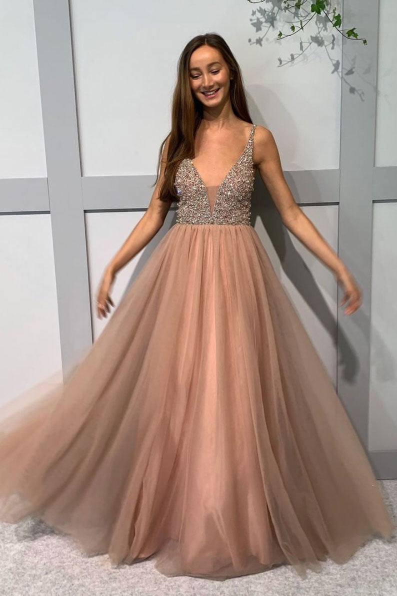 Champagne v neck tulle beads long prom dress champagne evening dress