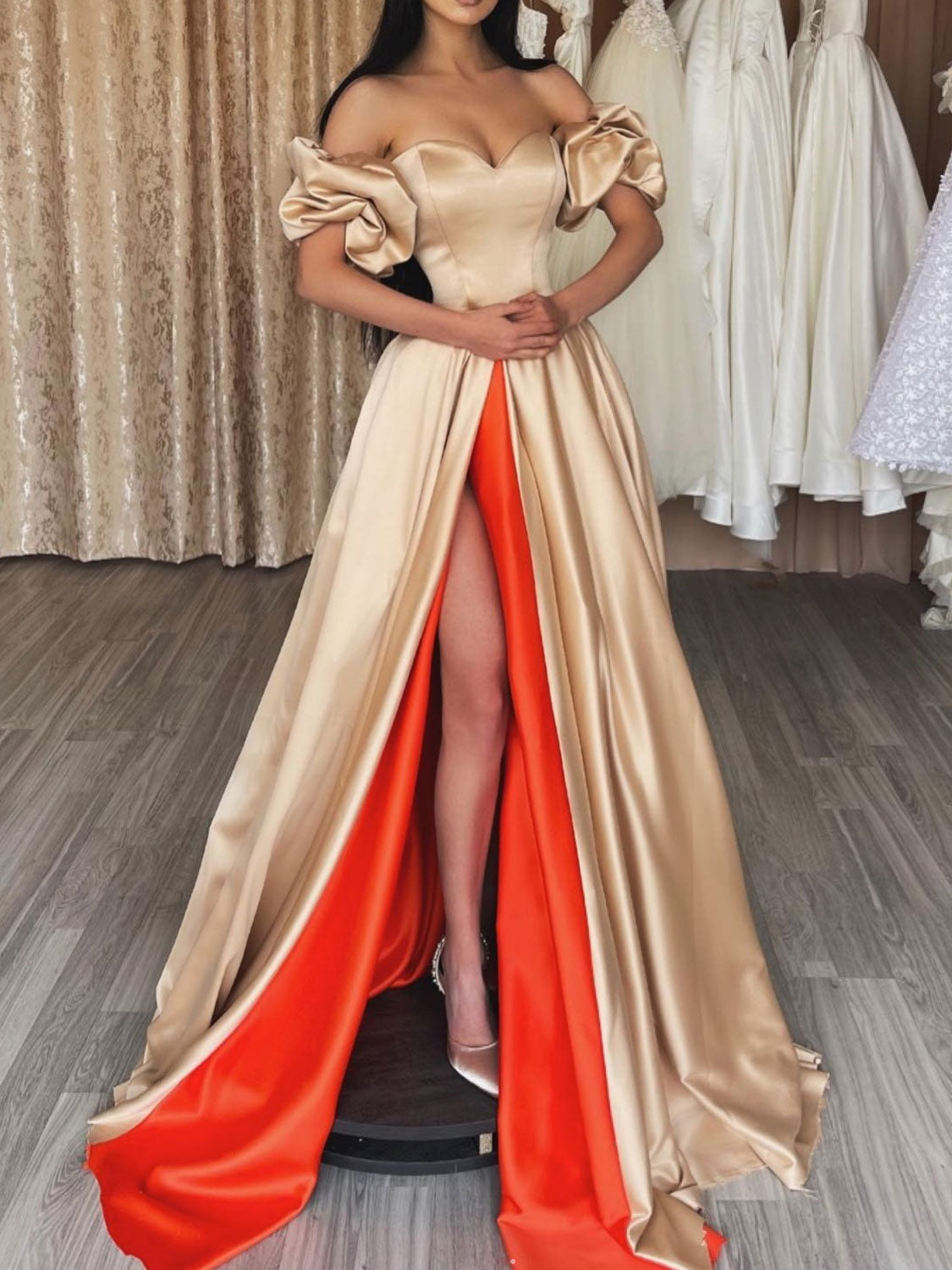 Unique champagne sweetheart satin long prom dress, champagne evening dress