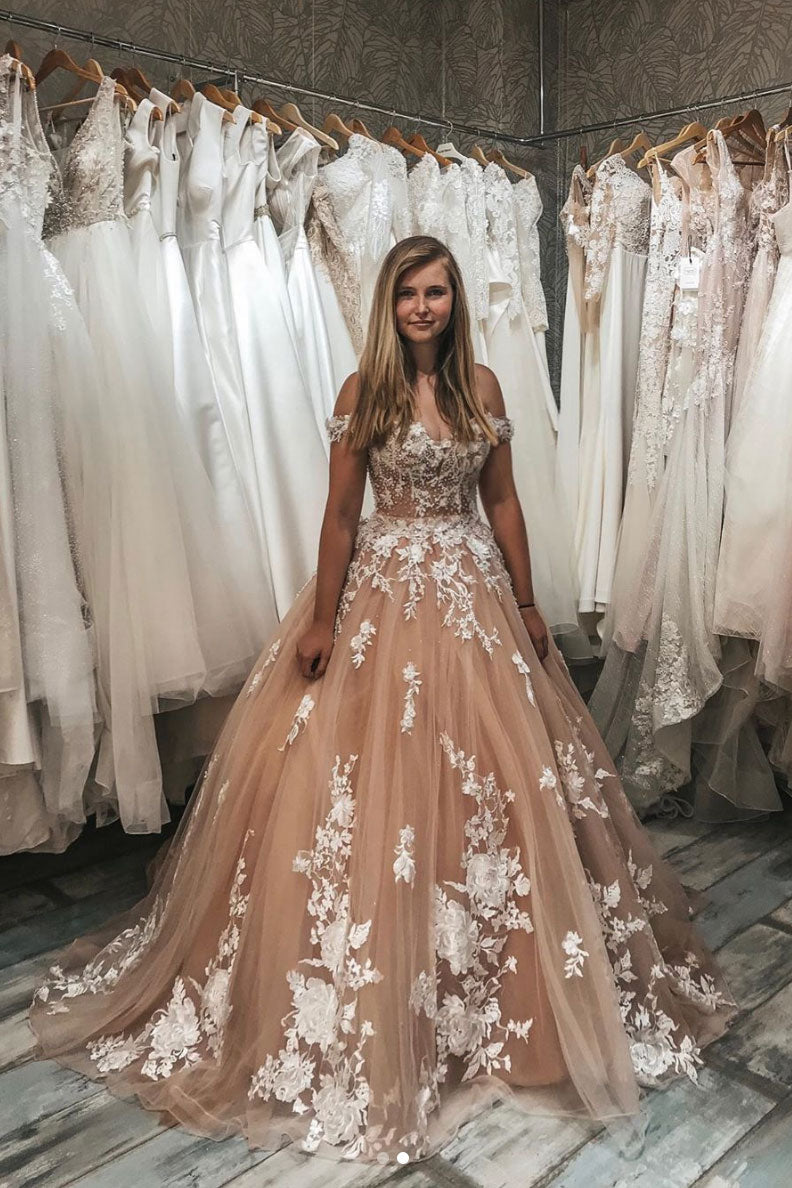 Champagne sweetheart tulle lace long prom dress champagne evening dress