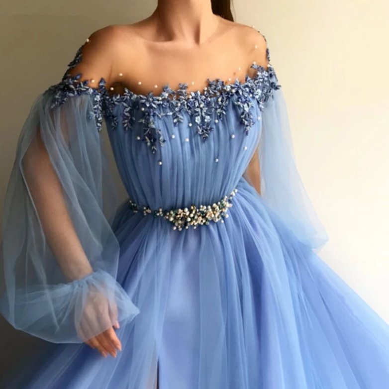 Blue Muslim Evening Dresses A-line Long Sleeves Tulle Lace Pearls Slit Islamic Dubai Saudi Arabic Long Formal Evening Gown