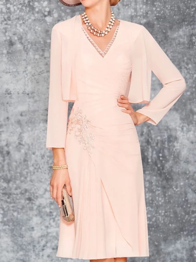 Two Piece Sheath / Column Mother of the Bride Dress Elegant V Neck Knee Length Chiffon 3/4 Length Sleeve with Pleats Embroidery