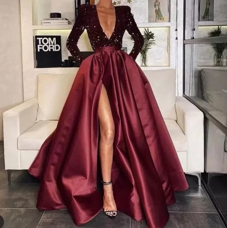 Red Evening Dresses A-line V-neck Long Sleeves Sequins Slit Long Turkey Dubai Saudi Arabic Evening Gown Prom Dresses