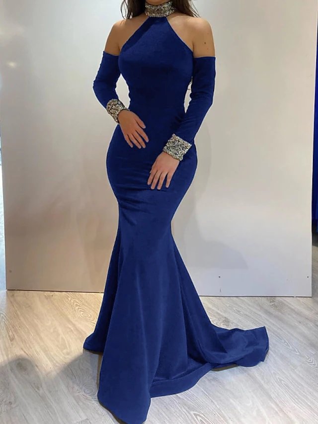 Mermaid / Trumpet Elegant Engagement Formal Evening Dress High Neck Long Sleeve Sweep / Brush Train Satin with Sequin