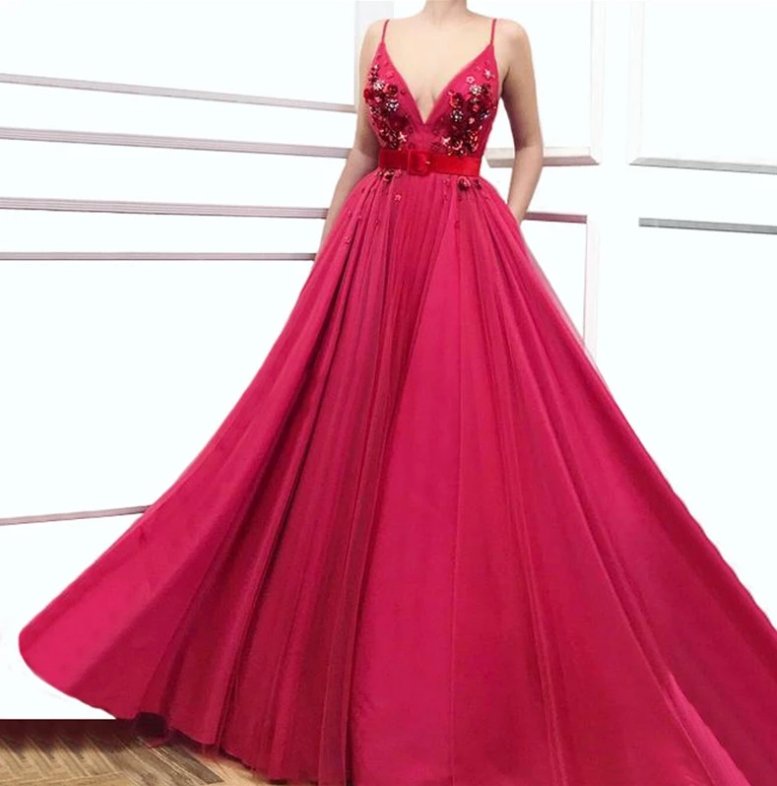 Fuchsia Muslim Evening Dresses A-line V-neck Tulle Beaded Flowers Islamic Dubai Saudi Arabic Long Formal Evening Gown