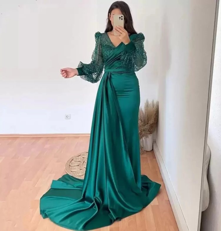 Teal Evening Dresses A-line V-neck Long Sleeves Satin Sequins Long Turkey Dubai Saudi Arabic Evening Gown Prom Dresses