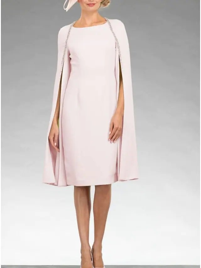 Sheath / Column Mother of the Bride Dress Elegant Jewel Neck Knee Length Chiffon 3/4 Length Sleeve with Sequin
