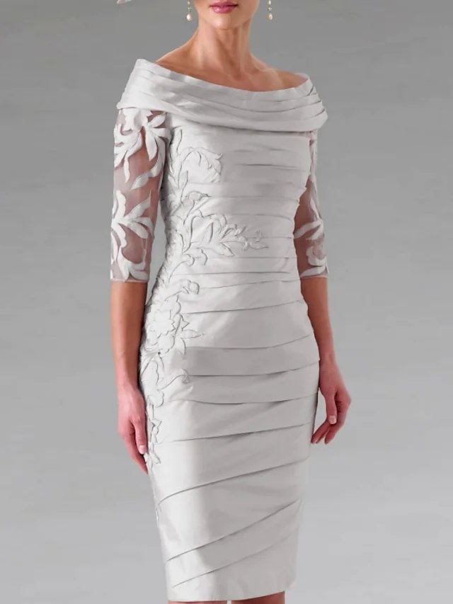 Sheath / Column Mother of the Bride Dress Elegant Off Shoulder Knee Length Taffeta Half Sleeve with Appliques Ruching