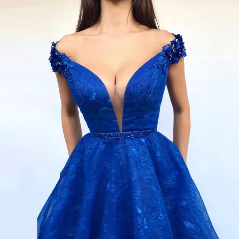 Royal Blue Muslim Evening Dresses A-line V-neck Tulle Lace Beaded Long Islamic Dubai Saudi Arabic Long Formal Evening Gown