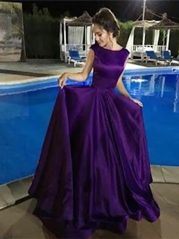 A-Line Bateau Sleeveless Floor-Length With Ruffles Satin Dresses