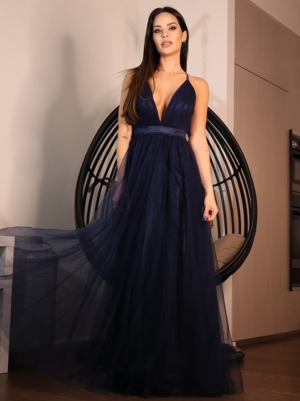 A-Line/Princess Tulle Ruffles V-neck Sleeveless Floor-Length Dresses