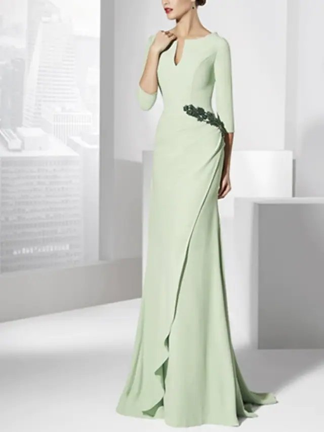 Sheath / Column Mother of the Bride Dress Elegant V Neck Sweep / Brush Train Chiffon 3/4 Length Sleeve with Sash / Ribbon