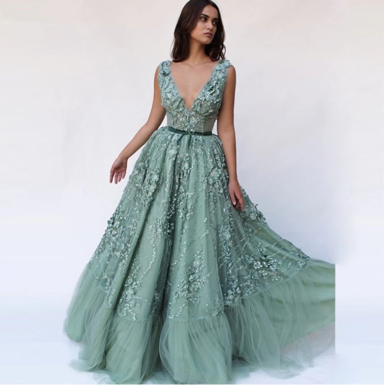 Mint Muslim Evening Dresses A-line V-neck Tulle Lace Flowers Pearl Long Islamic Dubai Saudi Arabic Long Formal Evening Gown