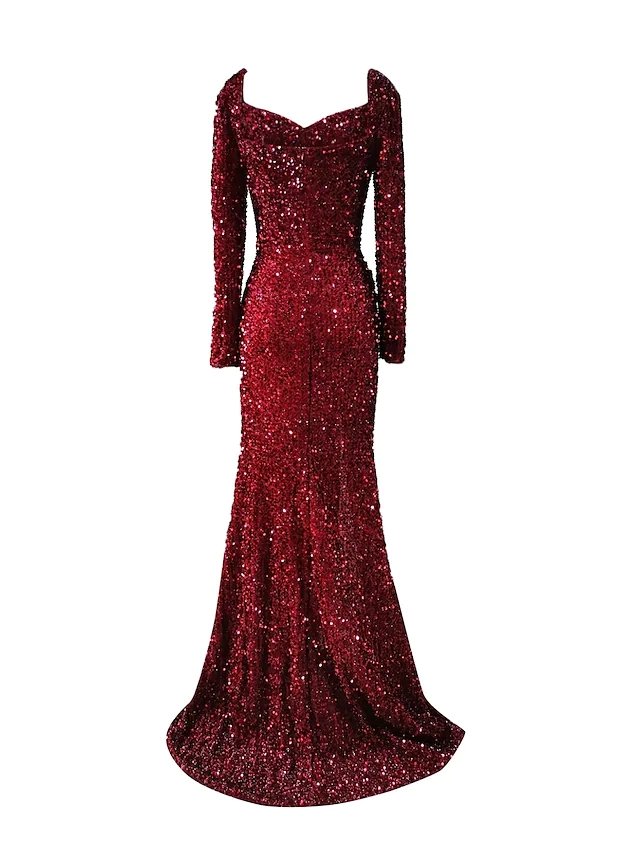 Mermaid / Trumpet Sparkle Sexy Wedding Guest Formal Evening Dress Scoop Neck Long Sleeve Sweep / Brush Train Sequined with Sequin Split
