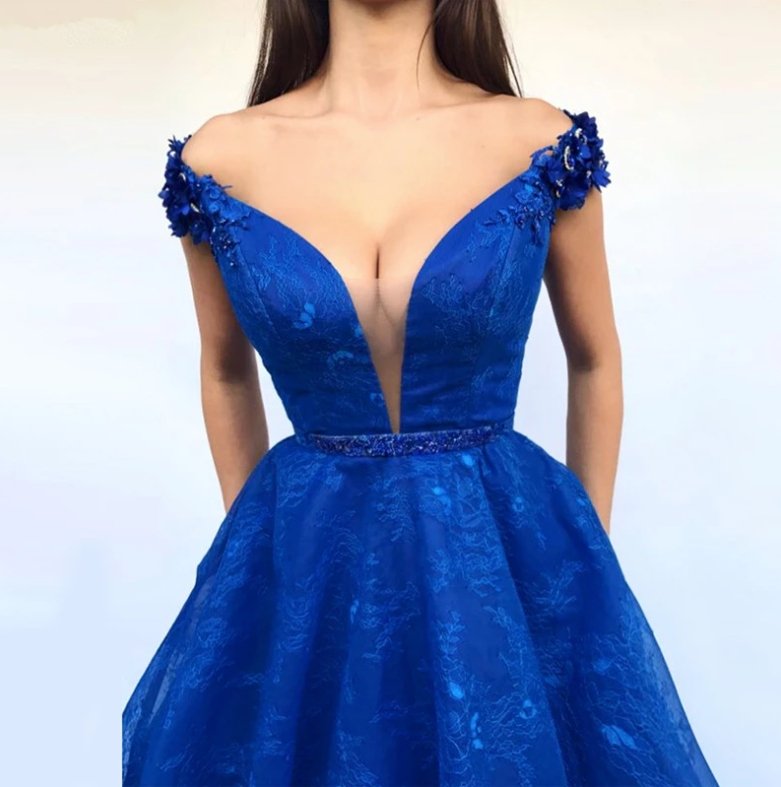 Royal Blue Muslim Evening Dresses A-line V-neck Tulle Lace Beaded Long Islamic Dubai Saudi Arabic Long Formal Evening Gown