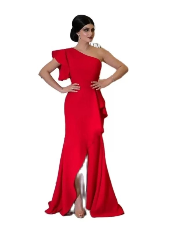 Red Evening Dresses Mermaid One-shoulder Floor Length Slit Long Turkey Dubai Saudi Arabic Evening Gown Prom Dresses
