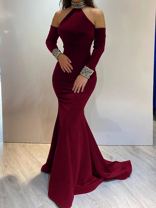 Mermaid / Trumpet Elegant Engagement Formal Evening Dress High Neck Long Sleeve Sweep / Brush Train Satin with Sequin