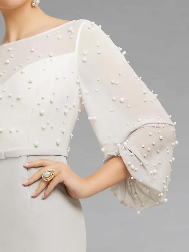 Sheath / Column Mother of the Bride Dress Elegant Jewel Neck Knee Length Chiffon 3/4 Length Sleeve with Sash / Ribbon Beading