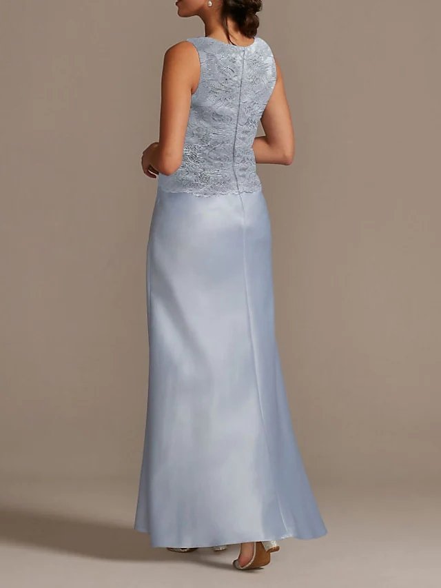 Sheath / Column Mother of the Bride Dress Elegant Scoop Neck Floor Length Polyester 3/4 Length Sleeve with Lace