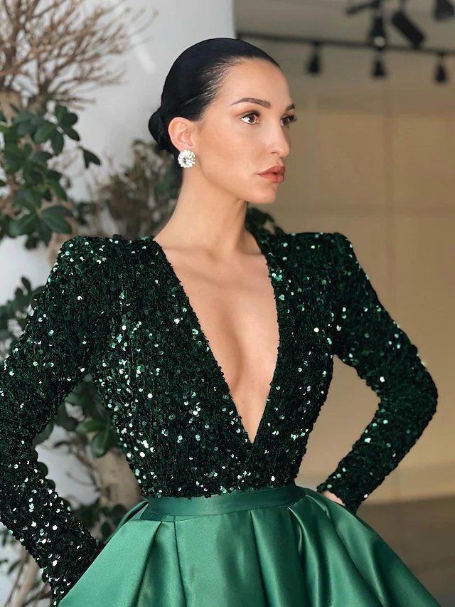 A-Line Sparkle Party Wear Formal Evening Dress V Neck Long Sleeve Floor Length Satin with Crystals Split