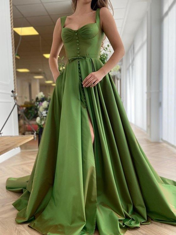 A-Line/Princess Sweep/Brush Train Straps Sleeveless Satin Ruffles Dresses