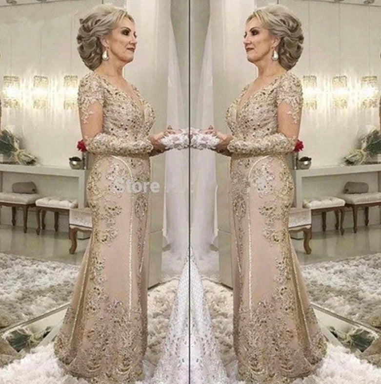 Plus Size Mother Of The Bride Dresses Mermaid V-neck Long Sleeves Tulle Appliques
