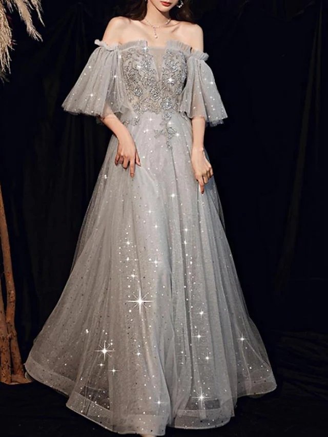 A-Line Glittering Elegant Engagement Formal Evening Dress Off Shoulder Half Sleeve Floor Length Tulle with Pleats Beading Sequin