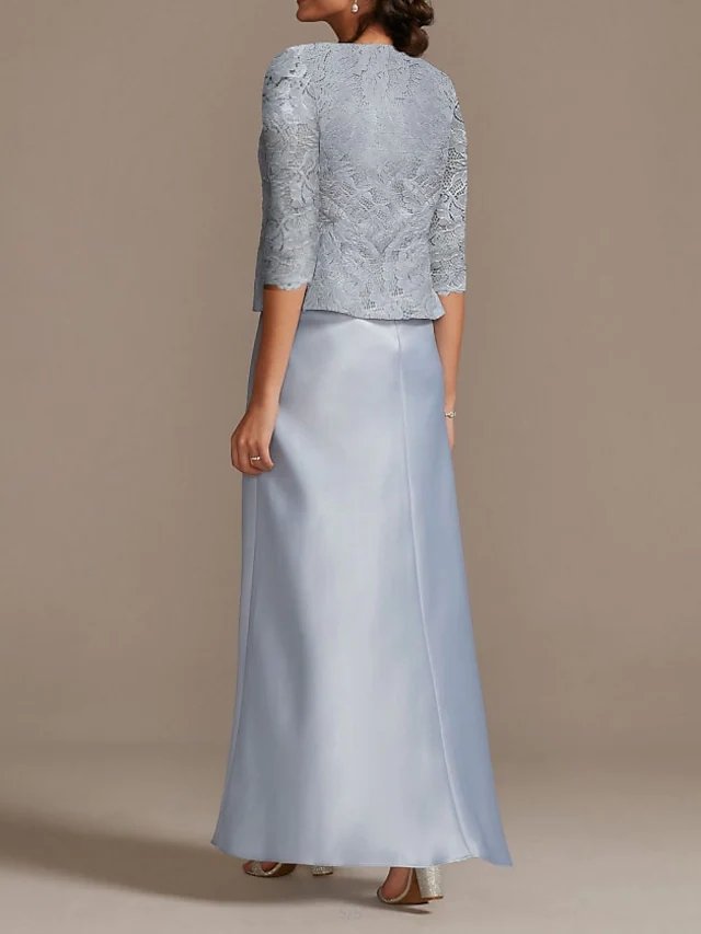 Sheath / Column Mother of the Bride Dress Elegant Scoop Neck Floor Length Polyester 3/4 Length Sleeve with Lace