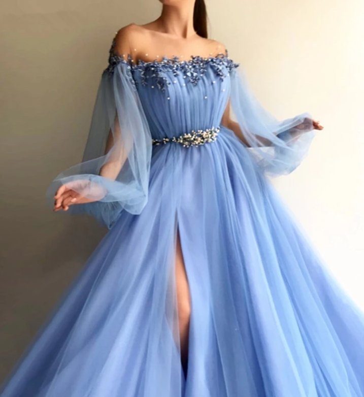 Blue Muslim Evening Dresses A-line Long Sleeves Tulle Lace Pearls Slit Islamic Dubai Saudi Arabic Long Formal Evening Gown