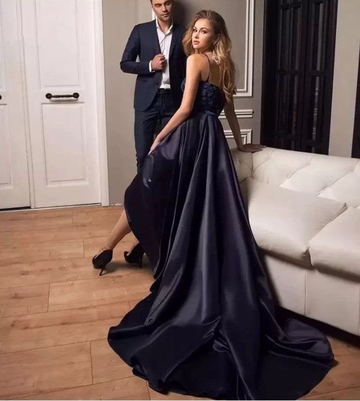 Black Evening Dresses A-line Spaghetti Straps Appliques Backless Long Turkey Dubai Saudi Arabic Evening Gown Prom Dresses