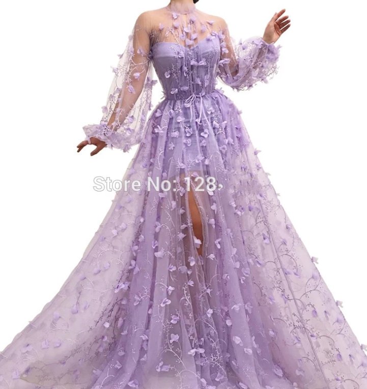 Lavender Muslim Evening Dresses A-line Long Sleeves Tulle Flowers Long Islamic Dubai Saudi Arabic Long Formal Evening Gown